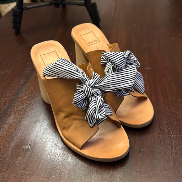 Dolce Vita tan open toe blue white striped ribbon size 8.5 - Picture 1 of 7